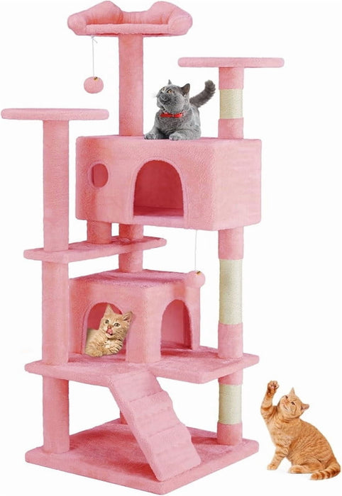 Simenmax 54'' Cat Tree Tower for Indoor Cats, Multi-Level Cat Condo with Climbing Ladder,Pink