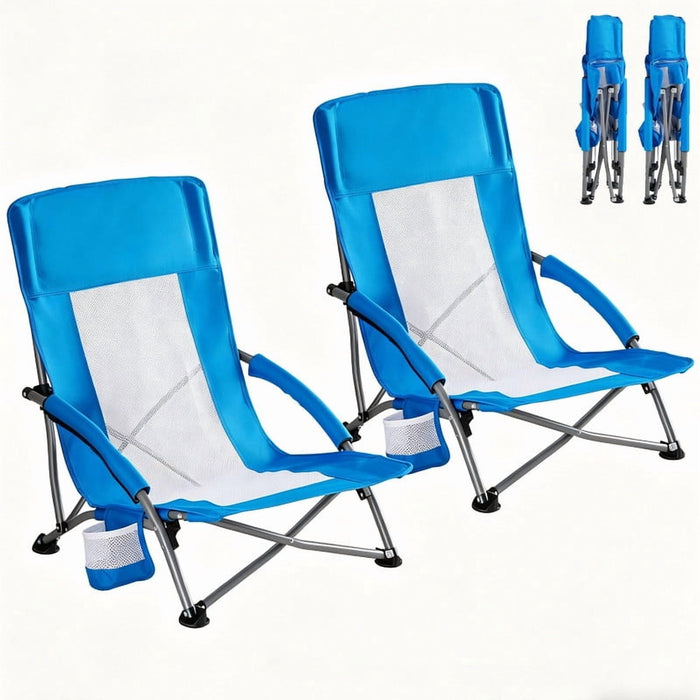 Bigleap 2pcs Portable Beach Chair, Low Heavy Duty Camping Chair with Carry Bag, Breathable Mesh Lawn Chair for Outdoor, Travel, Festival, Blue