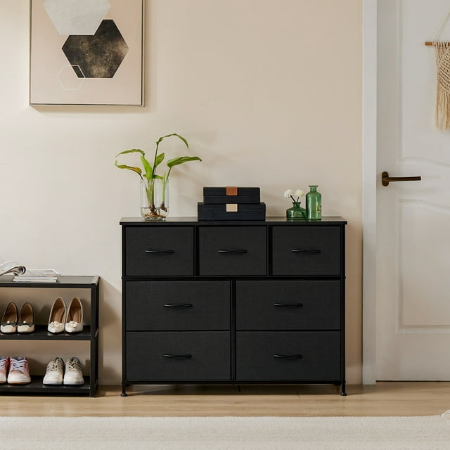 7 Drawers Fabric Dresser, Nightstand With Wide Chest Of Drawers,Storage Tower Storage Dresser Closet For Living Room, Bedroom, Hallway, Black