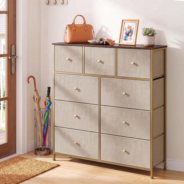 Nextay 9 Drawers Dresser for Bedroom, Fabric Dresser with Sturdy Steel Frame, Wooden Top & Easy Pull Fabric Bins,Khaki