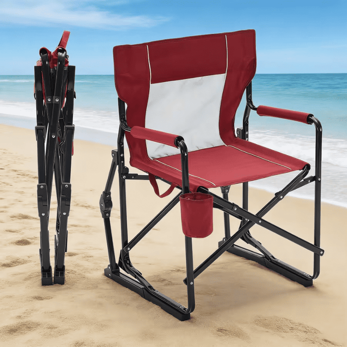 Bigleap Rocker Camping Chair, Portable Folding Rocking Chair with Solid, Durable Armrests, Drink Holder & Comfortable Mesh Backrest — Red