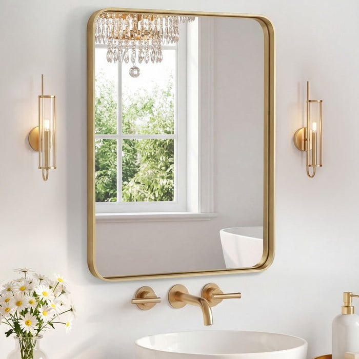 Simenmax 32''x40'' Bathroom Mirrors for Over Sink, Rounded Rectangular Vanity Mirror, Wall Mounted Mirrors, Framed Vanity Mirror, Horizontal or Vertical, Gold