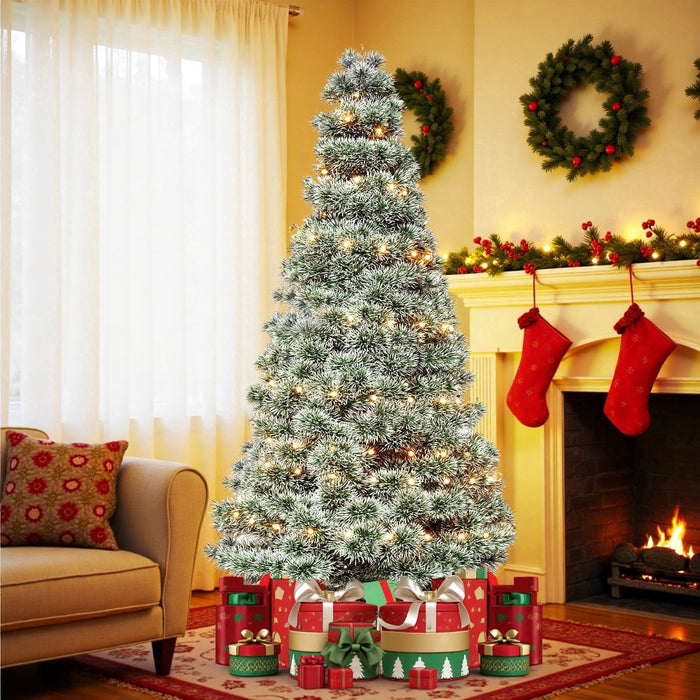 Nextay 7.5ft Snow Flocked Artificial Christmas Tree Pre-Lit with Warm White Lights, Hinged Spruce for Home Office Holiday Decor