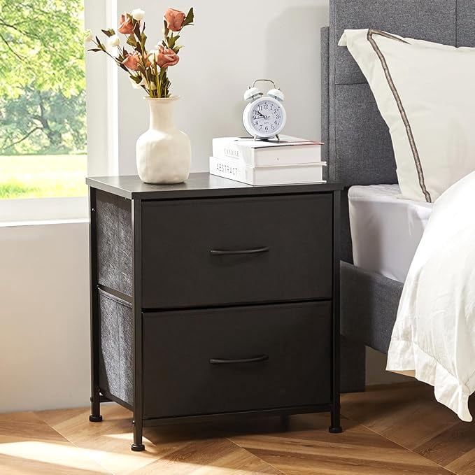 Ethovia 20" Height Bedside Nightstand with 2 Fabric Drawers, Compact End Table with Wooden Top for Bedroom, Dorm Room,Black