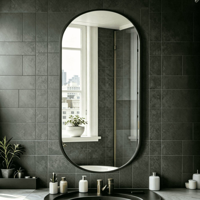 Taoset Modern Oval Wall Mirror, 24"X48" Matte Black Metal Frame Mirror for Bathroom Vanity, Entryway, Living Room, HD Reflection Rust-Resistant Decorative Hanging Mirror, Black
