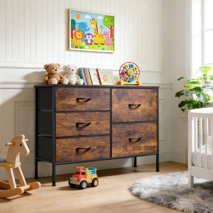 Blorly 5 Drawers Dresser, Storage Dresser Organizer with Drawers, Chest of Drawers, TV Stand Dresser with Metal Frame and Wood Tabletop for Bedroom, Guest Room, Closet, Entryway, Nursery, Rust