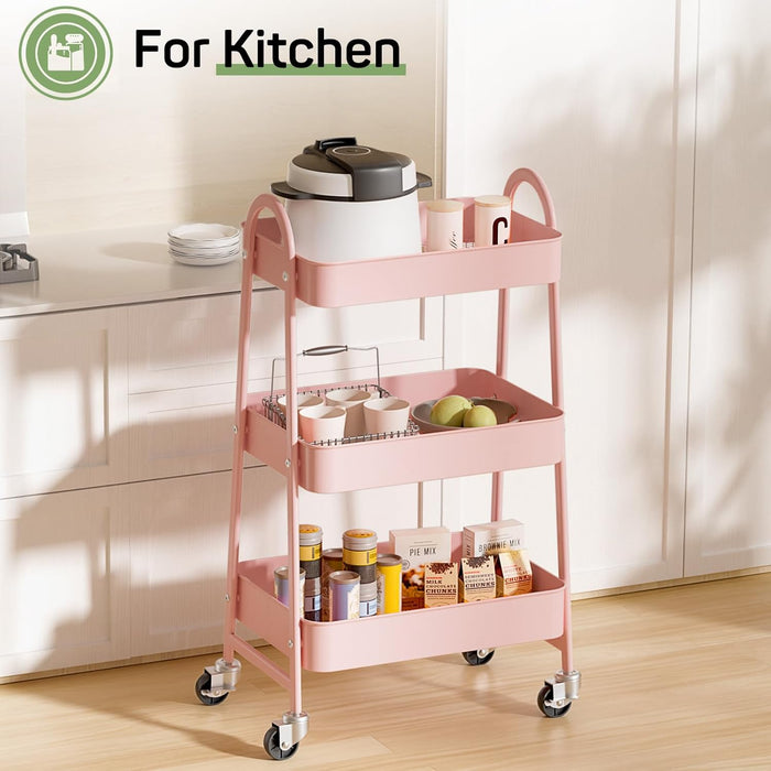 Simenmax Rolling Utility Cart, 3-Tier Metal Storage Trolley with Handle and Lockable Wheels, Multifunctional Organizer for Office, Kitchen, Living Room, Bathroom,Pink