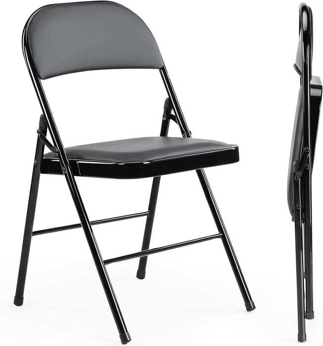 Simenmax 2PCS Folding Chair Padded, Leather Portable Stackable Chair with Steel Frame - Indoor Outdoor Use for Home, Office, Party, Wedding, Church, Black