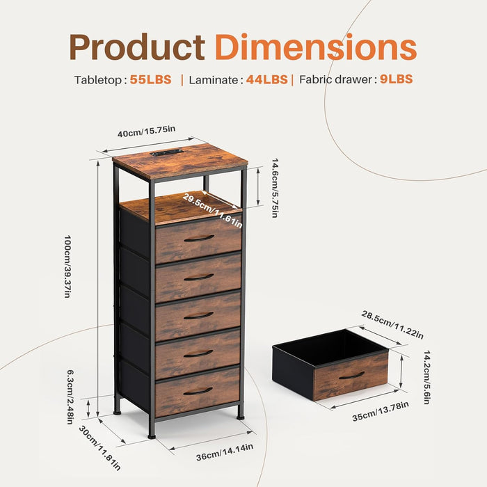 Simenmax Nightstand with Charging Station & LED Lights, 5 Drawer Bedside Table with Variable Light Strip, Modern Industrial Bedroom Furniture, Brown