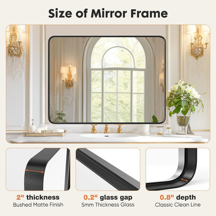Bigleap Black Metal Framed Bathroom 22”x30” Rounded Rectangle Vanity Mirror,Anti-Rust,Tempered Glass,Hangs Horizontally or Vertically