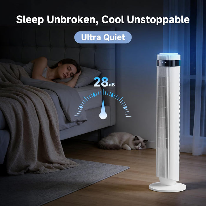 Simenmax Tower Fan, 36'' Bladeless Floor Fan with Remote, 12H Timer, 5 Speeds & 4 Modes, 28dB Quiet Standing Fan for Bedroom, Home, and Office,White