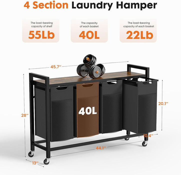 Simenmax Laundry Hamper, 160L Large Double Laundry Basket, Freestanding Laundry Sorter Organizer 4 Section with Top Shelf & 4 Removable Washable Bags for Dorm