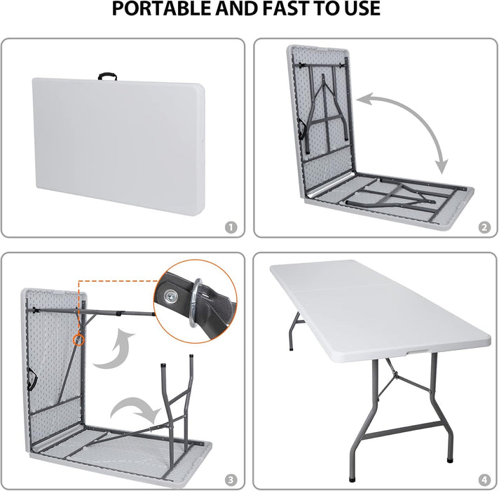 Simenmax Folding Table 8 FT Plastic Foldable Table with Portable Carrying Handle for Party Picnic Camping BBQ Dining Kitchen, White