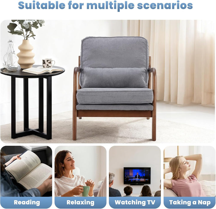 Simenmax Mid Century Modern Accent Chair, Lounge Chair with Cushion, Solid Wood Chair with Arms, Reading Chair for Living Room, Bedroom,Gray