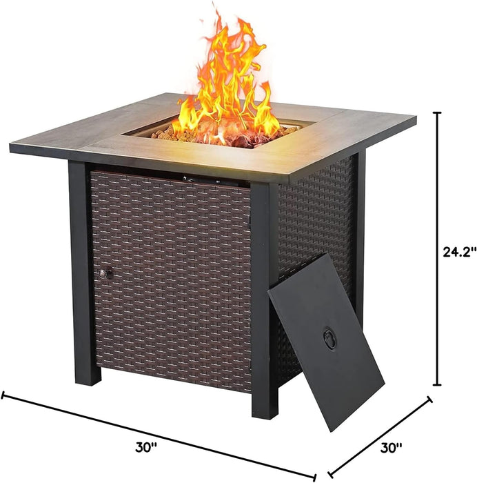 WOod-it Propane Fire Pit Table, 30 Inch 50,000 BTU Square Outdoor Gas Firepit with Porcelain Tile Tabletop, Lid, Lava Rocks for Garden, Patio, Deck