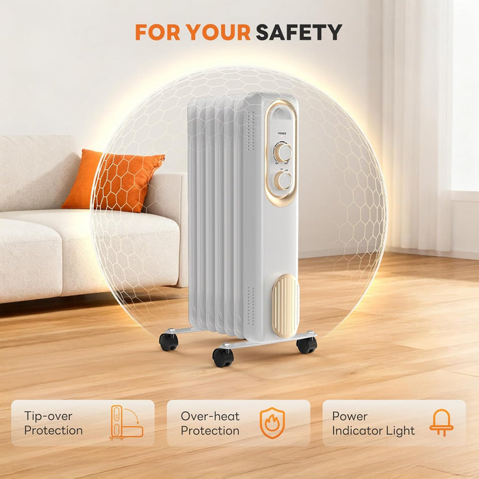 Simenmax 1500W Portable Oil-Filled Radiator Heater, Quiet Electric Heater with Adjustable Thermostat, Overheat & Tip-Over Protection for Bedroom, Office, Home, White