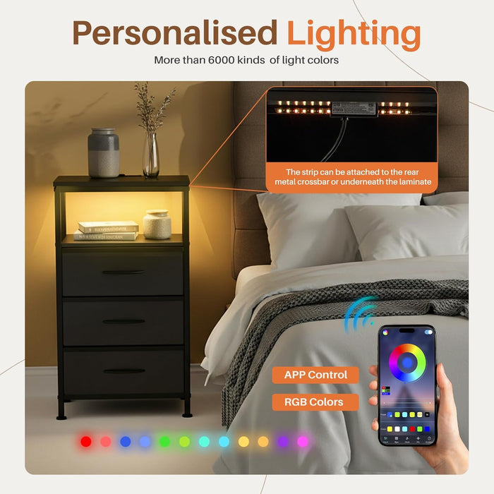 Bigleap Nightstand with Charging Station, 3-Drawer Bedside Table with USB/Type-C Ports, AC Outlets & LED Light Strip, Adjustable Feet, Black