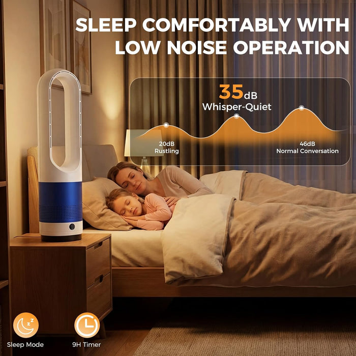 Simenmax 22'' Bladeless Tower Fan, 80° Oscillating Quiet Cooling Fan, 8 Speeds & 8H Timer, Remote Control with LED Display for Home Office Living Room,Blue