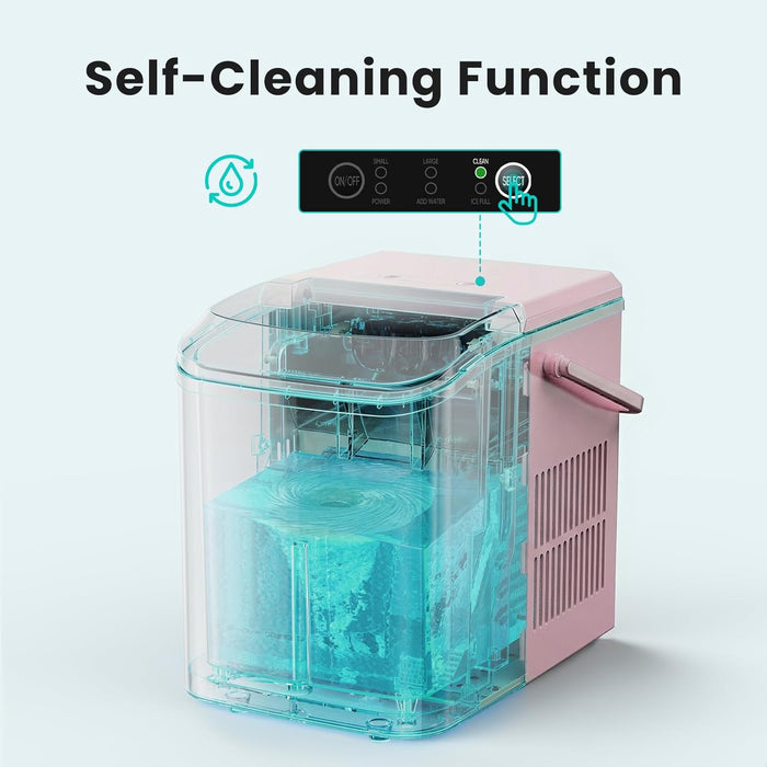 Simenmax Portable Ice Maker, Countertop Ice Machine with Handle & Basket, Compact for Home, RV, Camping, Parties – Pink