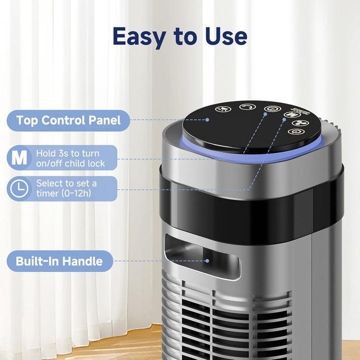 Simenmax Tower Fan, 36'' Bladeless Floor Fan with Remote, 12H Timer, 5 Speeds & 4 Modes, 28dB Quiet Standing Fan for Bedroom, Home, and Office,Gray