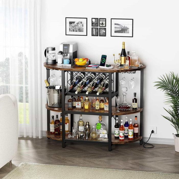 Bigleap 4-Tier Floor Bar Cabinet with LED Lights & Power Outlet, Freestanding Wine Rack and Coffee Bar Station with Glass Holder, Brown