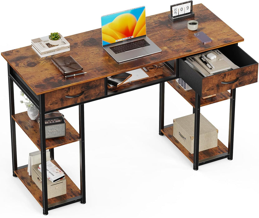Simenmax Computer Desk with 2 Drawers, 48 Inch Office Desk Study Table, Fabric Drawers Storage Shelves,Brown