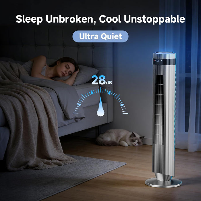 Simenmax Tower Fan, 36'' Bladeless Floor Fan with Remote, 12H Timer, 5 Speeds & 4 Modes, 28dB Quiet Standing Fan for Bedroom, Home, and Office,Silver