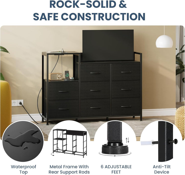 Bigleap 47" TV Stand with 8 Drawers, Entertainment Center with Charging Station, Fabric Dresser Storage Cabinet for Living Room, Bedroom, Black