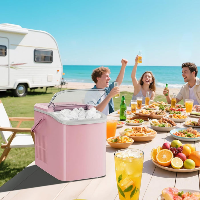 Simenmax Portable Ice Maker, Countertop Ice Machine with Handle & Basket, Compact for Home, RV, Camping, Parties – Pink