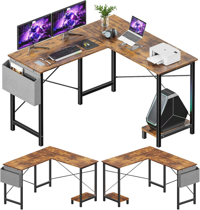 Bigleap L Shaped Computer Desk - Gaming Table Corner Desk 50 Inch PC White Writing Desk Study Desks with Wooden Desktop CPU Stand Side Bag Reversible for Home Office Room Small Space, Brown