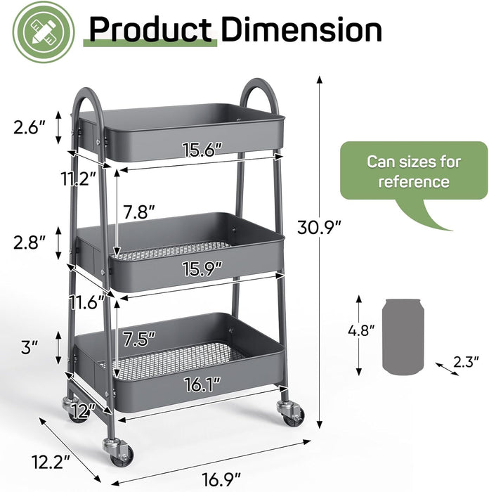 Simenmax Rolling Utility Cart, 3-Tier Metal Storage Trolley with Handle and Lockable Wheels, Multifunctional Organizer for Office, Kitchen, Living Room, Bathroom,Gray