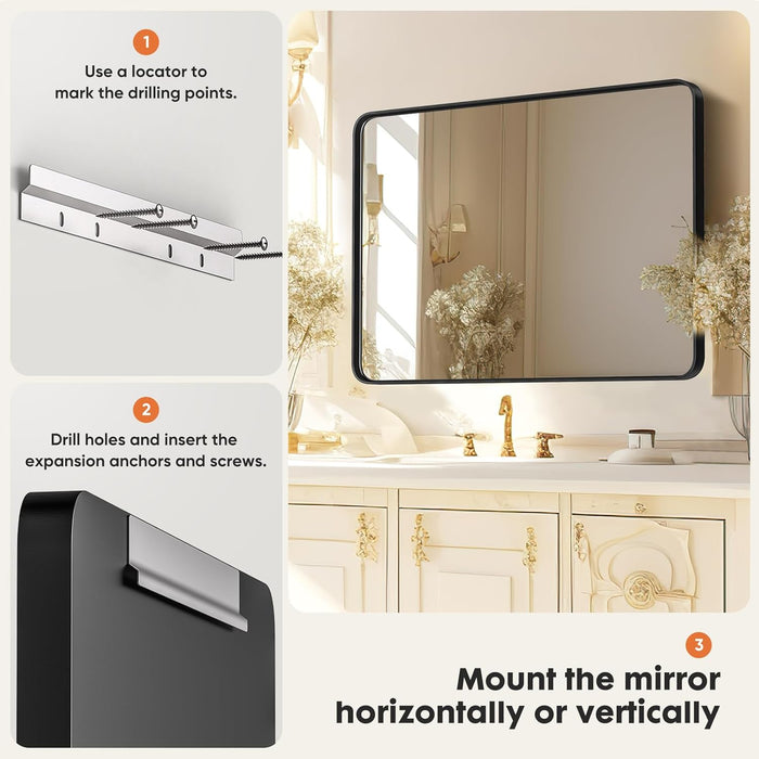 BIGLEAP Black Metal Framed Bathroom 22”x30” Rounded Rectangle Vanity Mirror,Anti-Rust,Tempered Glass,Hangs Horizontally or Vertically