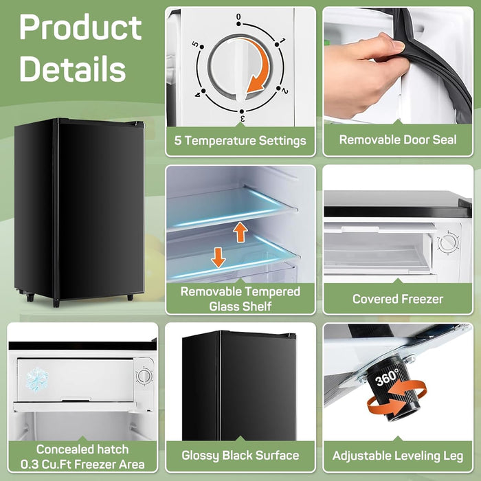 Simenmax Mini Fridge for Bedroom 3.2 Cu.Ft Small Refrigerator with Freezer for Dorm Office, Compact Single Door Adjustable Thermostat Low Noise
