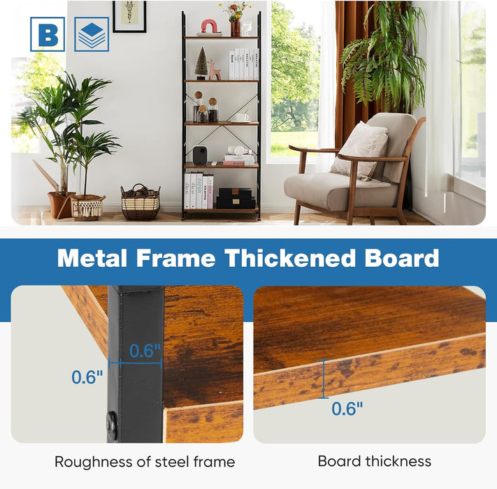 Simenmax 5-Tier Bookshelf - 62.2" Tall Rustic Brown Display Storage Shelves for Living Room, Office, Bedroom, Brown