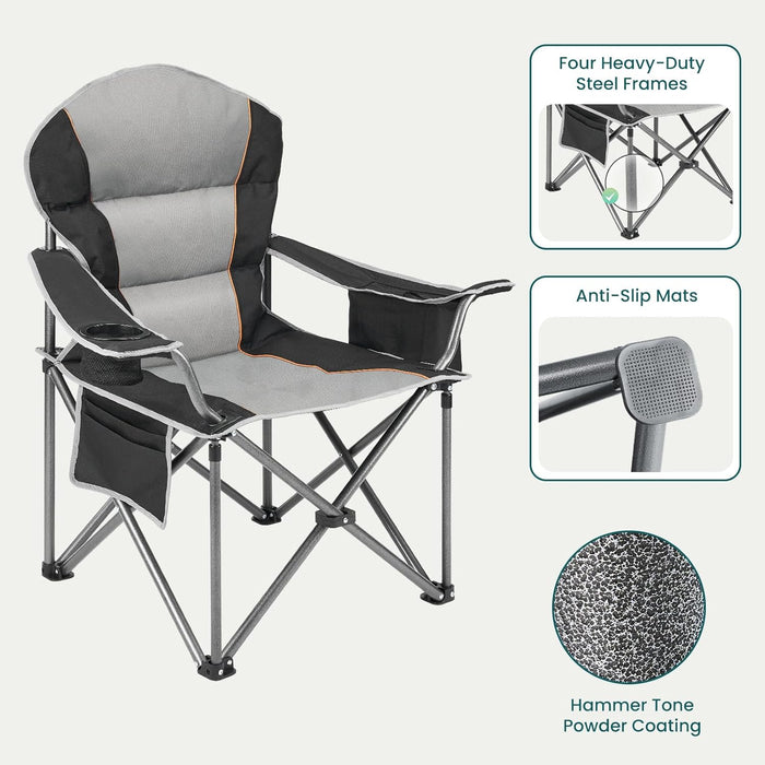 Simenmax Oversized Camping Chairs Folding Heavy Duty Padded Lawn Chair with Cooler Bag, Storage Netting Cup Holder, Suppor 500lbs for Adults Outdoors Fishing Picnic Travel Gray