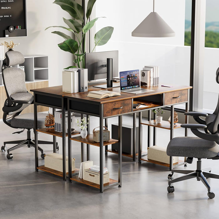Simenmax Computer Desk with 2 Drawers, 48 Inch Office Desk Study Table, Fabric Drawers Storage Shelves,Brown