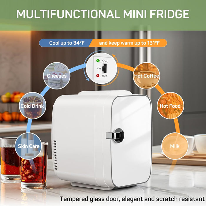 Bigleap Mini Fridge Small Portable Refrigerator for Bedroom, Dorm, Office, Car, Compact 4L/6 Can Cooler & Warmer for Food, Drinks, White
