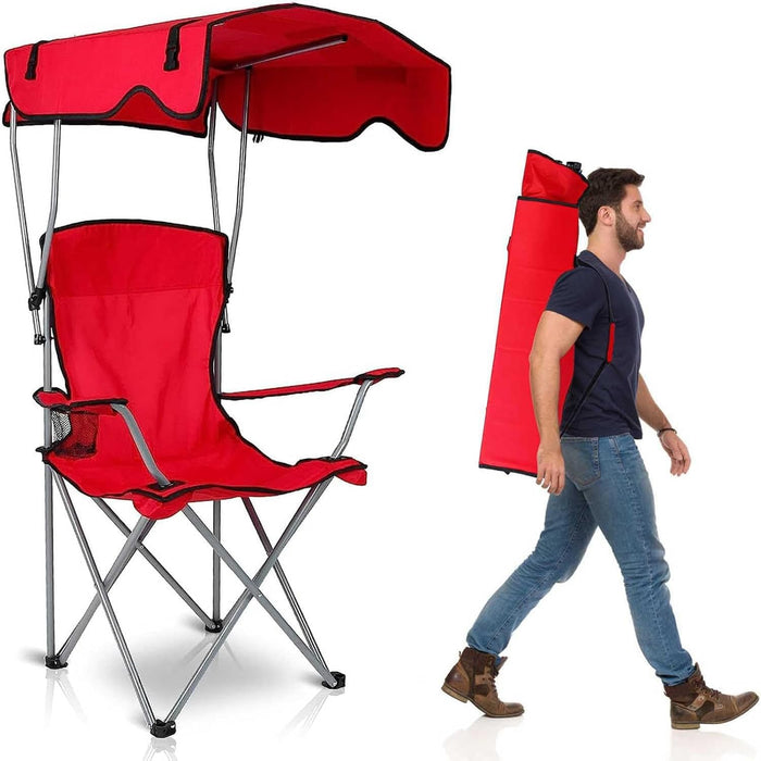 Simenmax Oversized Camping Chair with Sun Canopy - Portable Folding Outdoor Chair with Cup Holders, Side Pocket & Carry Bag, Supports 300 lbs, Red