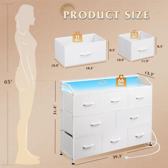 Bigleap LED TV Stand 8-Drawer Dresser with Charging Station, Fabric Chest of Drawers for Bedroom, Living Room, Hallway & Entryway, White
