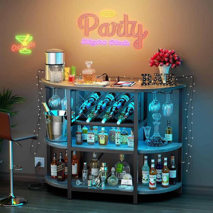 Bigleap 4-Tier Floor Bar Cabinet with LED Lights & Power Outlet, Freestanding Wine Rack and Coffee Bar Station with Glass Holder, Gray