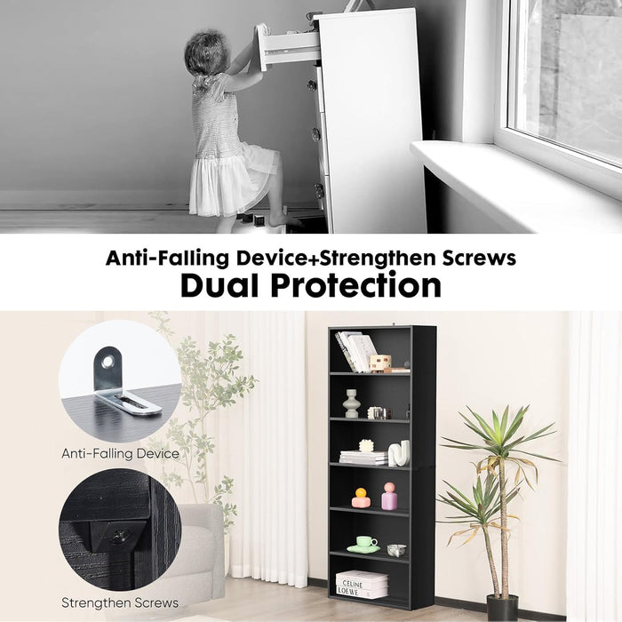 Simenmax 6-Tier Bookshelf, 53" Tall Floor-Standing Bookcase Display Storage Shelves for Home Office, Living Room, Bedroom, Black