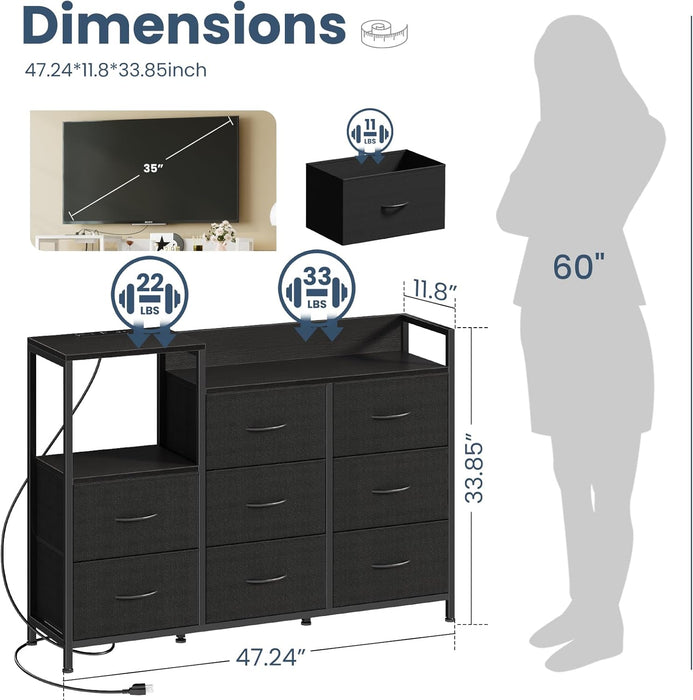 Bigleap 47" TV Stand with 8 Drawers, Entertainment Center with Charging Station, Fabric Dresser Storage Cabinet for Living Room, Bedroom, Black