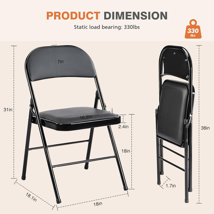 Bigleap Folding Chairs 2 Pack, PU Leather Padded Foldable Chairs with Metal Frame for Indoor Outdoor Use, Office, Party, Wedding, Black