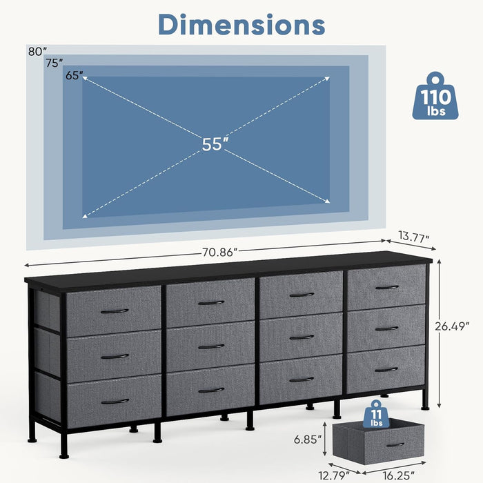 Bigleap 12-Drawer Dresser TV Stand – Entertainment Center for 80'' TV, Media Console, Large Storage Cabinet for Living Room Bedroom,Gray
