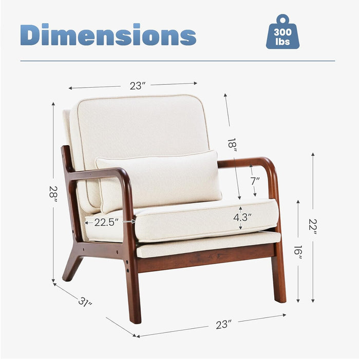 Simenmax Mid Century Modern Accent Chair, Lounge Chair with Cushion, Solid Wood Chair with Arms, Reading Chair for Living Room, Bedroom,Beige