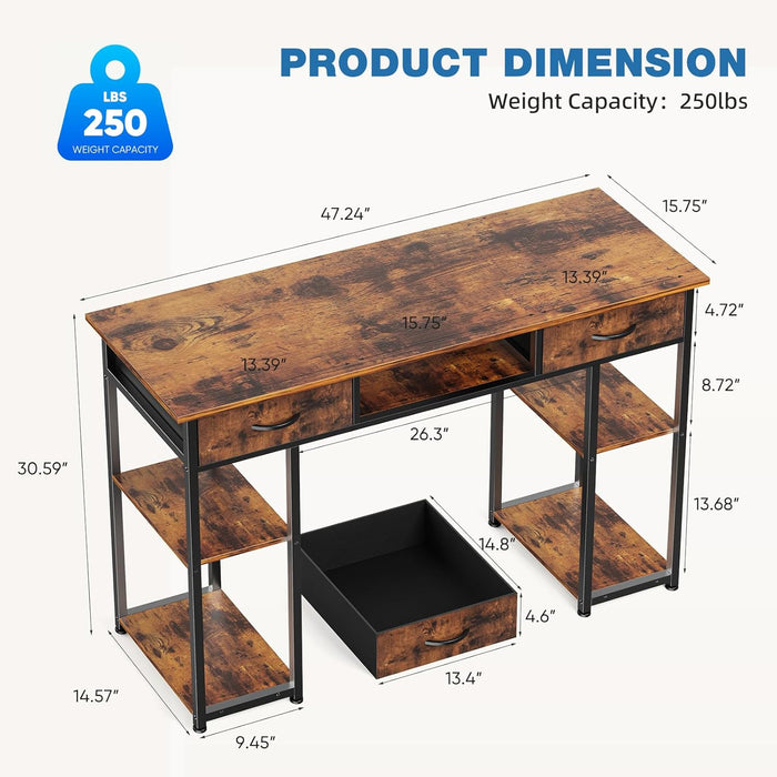 Simenmax Computer Desk with 2 Drawers, 48 Inch Office Desk Study Table, Fabric Drawers Storage Shelves,Brown