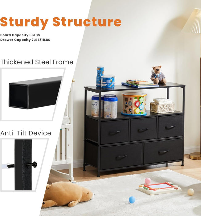 Bigleap TV Stand for Bedroom, TV Dresser for 45 inches, Media Console Table, Entertainment Center with 5 Fabric Drawers Cabinet and Open Storage Shelf Furniture Cabinet for Living Room, Brown