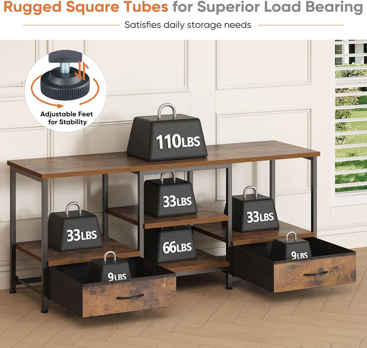 Bigleap 47-inch TV Stand with USB Charging Station, Rustic Brown Media Console for TVs up to 65 Inch, 2 Fabric Drawers & Open Shelves