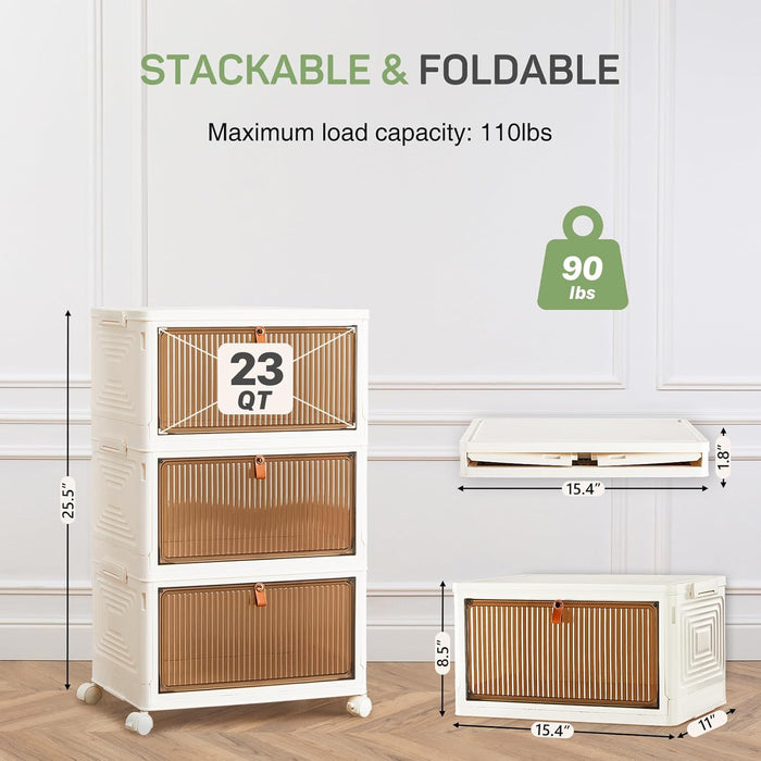 3-Tier Stackable Plastic Storage Bins with Lids, 23QT Foldable with Magnetic Doors and Lockable Wheels, Portable Collapsible Closet Organizer Boxes for Living Room, Bedroom, Dorm, Home Office