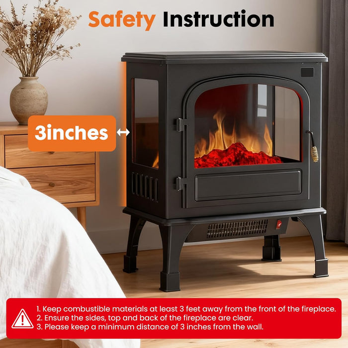 Simenmax Freestanding Electric Fireplace Heater, 19" Electric Fireplace Infrared Stove Heater, 3D Realistic Flame Effects, Adjustable Brightness and Heating Mode, Overheating Safe Design,1500W, Black